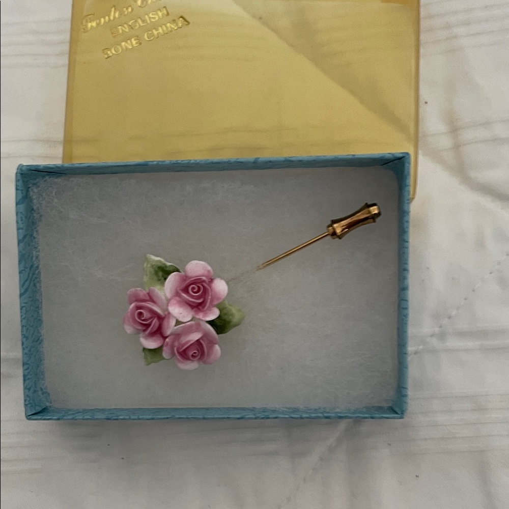 Fenton Pink Floral Brooch with Gold Accent